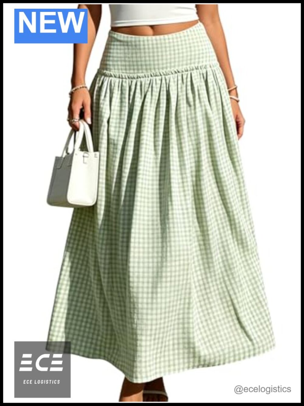 Women's Gingham Plaid Midi Skirt High Waist Flowy A-Line Vacation Skirt